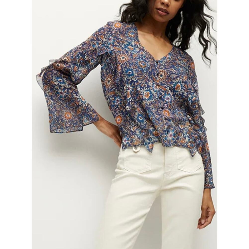 Veronica Beard Blue Multi Floral V-Neck Ruffle Hem Blouse